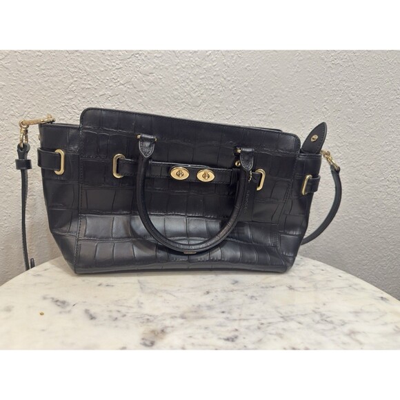 Coach Black Croc Embossed Leather Satchel Shoulder Crossbody Bag - Picture 1 of 11